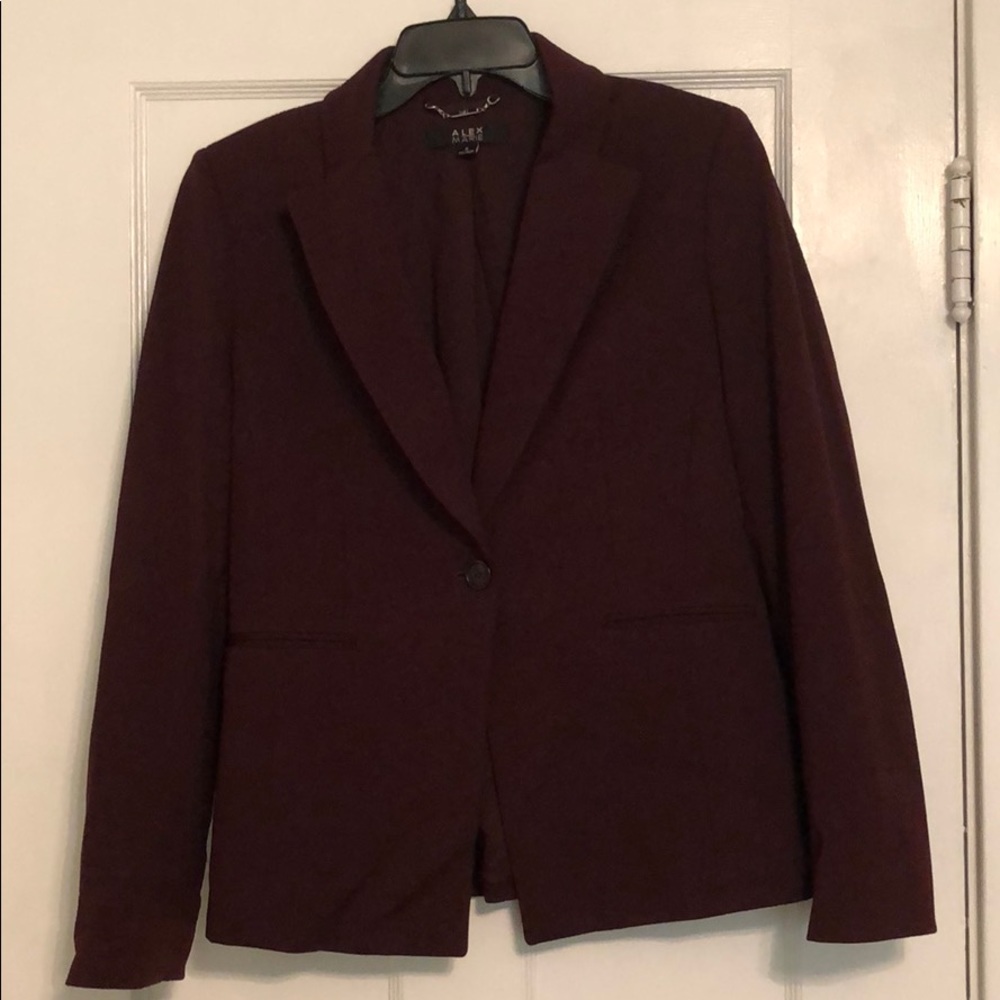 Alex Marie one-button, collared, maroon blazer.